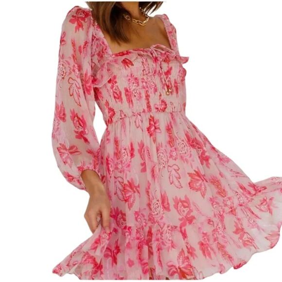 Hello Molly Aura Check Printed Ruffle Long Sleeve Dress Pink Size 6 NWOT - Picture 3 of 8